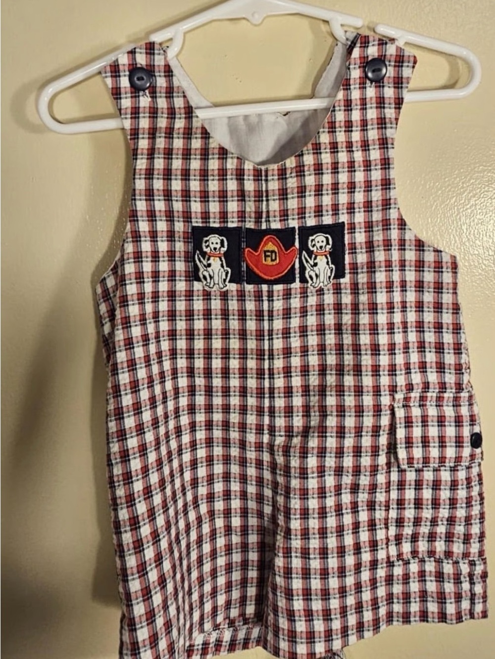 Plaid Pinafore romper with Firefighter Patch